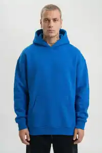 Erkek Baskılı Kapüşonlu Cepli Hoodie 3 İplik Pamuklu Sweatshirt - Saks Mavisi