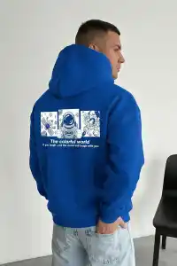 Erkek Baskılı Kapüşonlu Cepli Hoodie 3 İplik Pamuklu Sweatshirt - Saks Mavisi