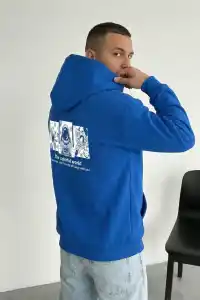 Erkek Baskılı Kapüşonlu Cepli Hoodie 3 İplik Pamuklu Sweatshirt - Saks Mavisi