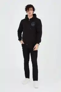 Erkek 3 İplik Pamuklu Fermuarlı Kapüşonlu Kanguru Cepli Baskılı Hoodie Hırka Sweatshirt - Siyah
