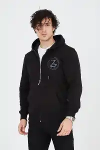 Erkek 3 İplik Pamuklu Fermuarlı Kapüşonlu Kanguru Cepli Baskılı Hoodie Hırka Sweatshirt - Siyah