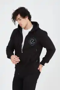 Erkek 3 İplik Pamuklu Fermuarlı Kapüşonlu Kanguru Cepli Baskılı Hoodie Hırka Sweatshirt - Siyah