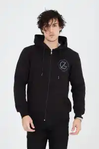 Erkek 3 İplik Pamuklu Fermuarlı Kapüşonlu Kanguru Cepli Baskılı Hoodie Hırka Sweatshirt - Siyah