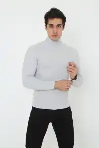 Erkek Fitilli Kaşkorse Kumaş Boğazlı Full Likralı Slimfit Body - Gri