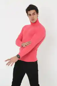 Erkek Fitilli Kaşkorse Kumaş Boğazlı Full Likralı Slimfit Body - Pembe