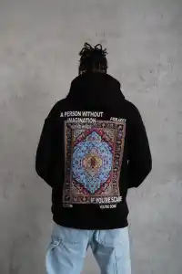 Erkek 3 İplik Pamuklu Kapüşonlu Baskılı Cepli Oversize Sweatshirt Hoodie - Siyah