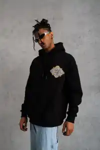 Erkek 3 İplik Pamuklu Kapüşonlu Baskılı Cepli Oversize Sweatshirt Hoodie - Siyah