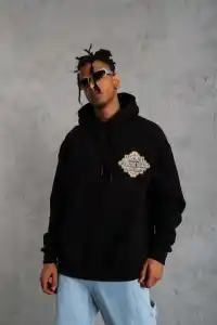 Erkek 3 İplik Pamuklu Kapüşonlu Baskılı Cepli Oversize Sweatshirt Hoodie - Siyah