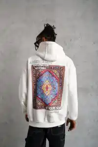 Erkek 3 İplik Pamuklu Kapüşonlu Baskılı Cepli Oversize Sweatshirt Hoodie - Beyaz