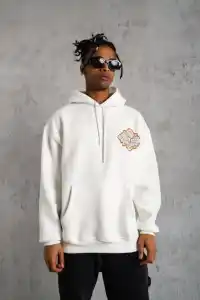 Erkek 3 İplik Pamuklu Kapüşonlu Baskılı Cepli Oversize Sweatshirt Hoodie - Beyaz