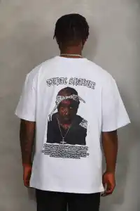 Erkek Kısa Kol Yazlık Tişört Bisiklet Yaka Baskılı Oversize T-Shirt - Beyaz