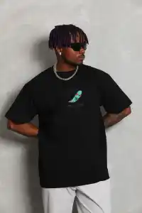 Erkek Baskılı T-Shirt Kısa Kol Bisiklet Yaka Rahat Kalıp Tişört - Siyah