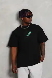 Erkek Baskılı T-Shirt Kısa Kol Bisiklet Yaka Rahat Kalıp Tişört - Siyah