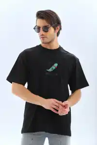 Erkek Kısa Kol Yazlık Tişört Bisiklet Yaka Baskılı Oversize T-Shirt - Siyah