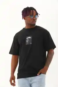 Erkek Kısa Kol Yazlık Tişört Bisiklet Yaka Baskılı Oversize T-Shirt - Siyah