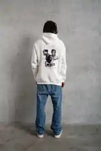 Erkek 3 İplik Pamuklu Kapüşonlu Baskılı Cepli Oversize Sweatshirt Hoodie - Beyaz