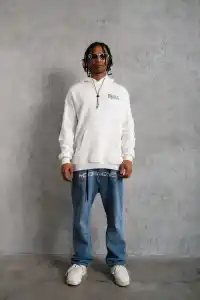 Erkek 3 İplik Pamuklu Kapüşonlu Baskılı Cepli Oversize Sweatshirt Hoodie - Beyaz