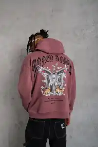 Erkek 3 İplik Pamuklu Baskılı Kapüşonlu Cepli Sweatshirt Hoodie - Gül Kurusu