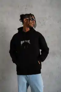 Erkek 3 İplik Pamuklu Baskılı Kapüşonlu Cepli Sweatshirt Hoodie - Siyah