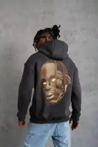 Erkek Kordonlu Arka Maske Kordon Saçlı 3 iplik pamuklu Kapüşonlu sweatshirt - Füme