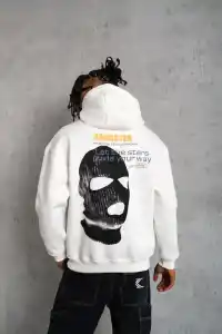 Erkek Maske Baskılı 3 iplik pamuklu Kapüşonlu Sweatshirt hoodie - Beyaz