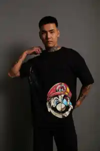 Erkek Mario Baskılı T-Shirt Oversize Kısa kol Bisiklet yaka tişort - Siyah