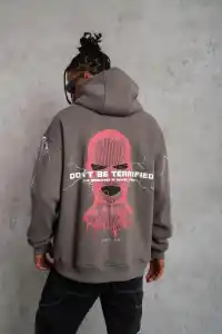 Erkek 3 İplik Pamuklu Kapüşonlu Baskılı Cepli Oversize Sweatshirt Hoodie - Gri