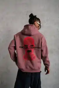 Erkek 3 İplik Pamuklu Kapüşonlu Baskılı Cepli Sweatshirt Hoodie - Gül Kurusu