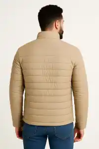 Erkek Mikro Su İtici Kapitone Baskılı Astarlı Fermuarlı Bomber Mont - Bej