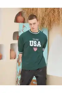 Erkek Bisiklet Yaka Tişört Nakış İşlemeli Kısa Kol Oversize T-Shirt - Yeşil