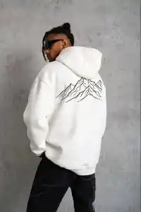 Erkek Nihilist Penguen Baskılı 3 İplik Pamuklu Kapüşonlu Sweatshirt Hoodie Beyaz