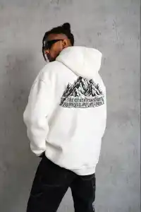 Erkek Nihilist Penguen Baskılı 3 İplik Pamuklu Kapüşonlu Sweatshirt Hoodie Beyaz