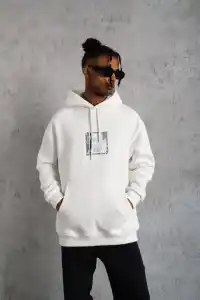 Erkek 3 İplik Pamuklu Kapüşonlu Baskılı Cepli Oversize Sweatshirt Hoodie - Beyaz
