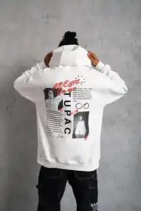 Erkek 3 İplik Pamuklu Kapüşonlu Baskılı Cepli Oversize Sweatshirt Hoodie - Beyaz