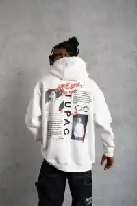 Erkek 3 İplik Pamuklu Kapüşonlu Baskılı Cepli Oversize Sweatshirt Hoodie - Beyaz