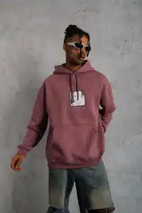 Erkek 3 İplik Pamuklu Kapüşonlu Baskılı Cepli Sweatshirt Hoodie - Gül Kurusu