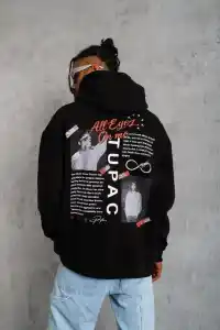 Erkek 3 İplik Pamuklu Kapüşonlu Baskılı Cepli Oversize Sweatshirt Hoodie - Siyah
