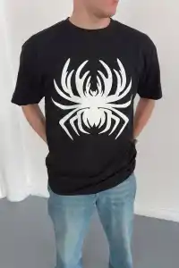 Erkek Örümcek Baskılı Tişört Kısa Kollu Bisiklet Yaka T-Shirt - Siyah