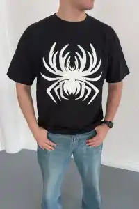 Erkek Örümcek Baskılı Tişört Kısa Kollu Bisiklet Yaka T-Shirt - Siyah
