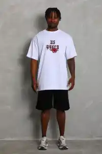 Erkek Baskılı Tişört Kısa Kol Bisiklet Yaka Oversize T-Shirt - Beyaz