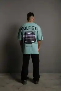 Erkek Oversize Tişört Golf GTI Retro Araba Baskılı T-shirt - Mint Yeşili