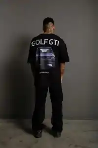 Erkek Oversize Tişört Golf GTI Retro Araba Baskılı T-shirt - Siyah