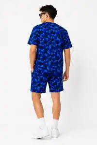 Erkek Oversize Kalıp Pubg Bape X Shark Nakışlı Cepli Şort Takım - Mavi