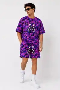 Erkek Oversize Kalıp Pubg Bape X Shark Nakışlı Cepli Şort Takım - Mor