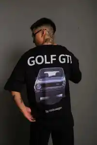 Erkek Oversize Tişört Golf GTI Retro Araba Baskılı T-shirt - Siyah