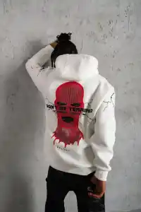 Erkek Kapüşonlu Kanguru Cepli Sweatshirt 3 İplik Pamuklu Baskılı Hoodie -  Beyaz