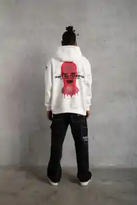 Erkek Kapüşonlu Kanguru Cepli Sweatshirt 3 İplik Pamuklu Baskılı Hoodie -  Beyaz