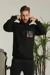 Erkek 3 İplik Pamuklu Kapüşonlu Baskılı Cepli Oversize Sweatshirt Hoodie - Siyah
