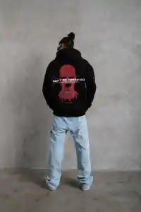 Erkek Kapüşonlu Kanguru Cepli Sweatshirt 3 İplik Pamuklu Baskılı Hoodie - Siyah