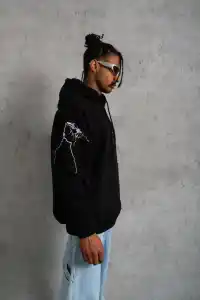 Erkek Kapüşonlu Kanguru Cepli Sweatshirt 3 İplik Pamuklu Baskılı Hoodie - Siyah